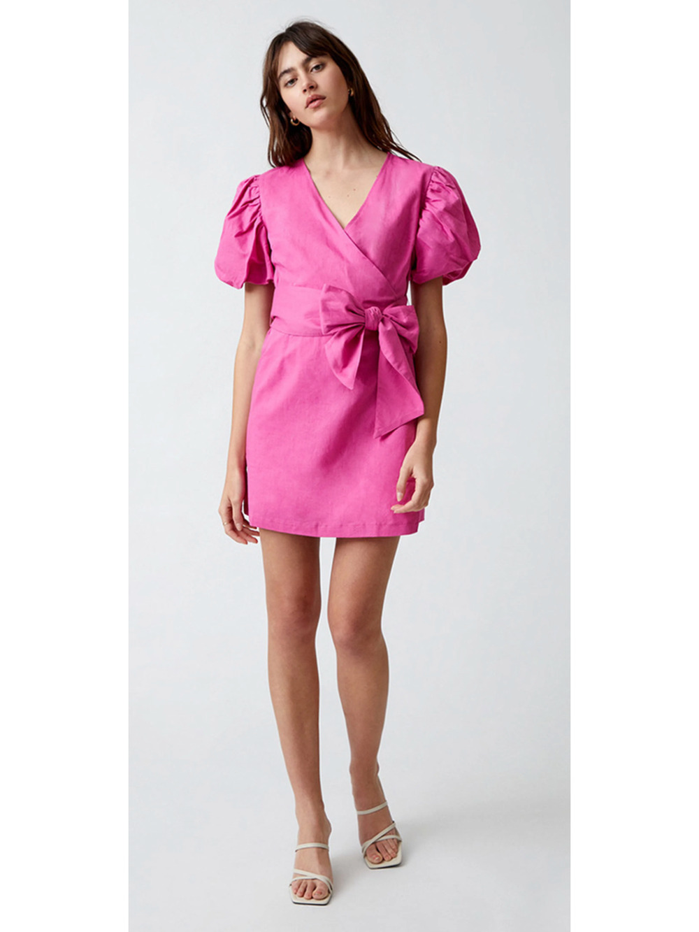 Charlie Holiday Womens Margaux Wrap Dress Short Puff Sleeve Size XS Magenta NWT